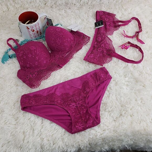French Affair 36B Pink Lace Garter/Bikini  M PushUp Criss Cross Styling … - Picture 1 of 6